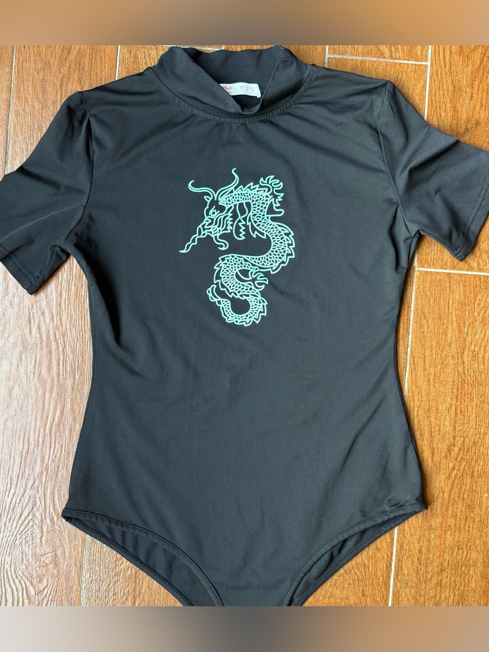ROMWE Black Bodysuit with Mint Green Dragon Graphic